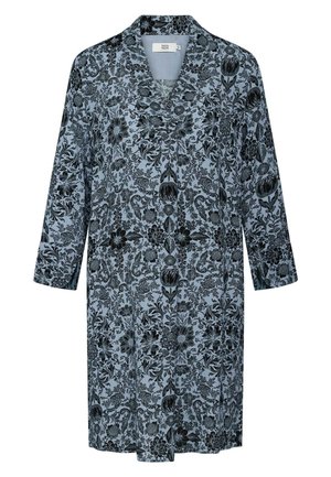 Květinové vzory v modré barvě s černými složitými designy. Má dlouhé rukávy a výstřih do V. Vyrobeno z měkkého materiálu.