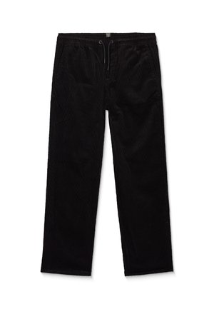 Pantalon en velours côtelé noir avec taille élastique et cordon, coupe droite, poches latérales, présenté à plat sur fond blanc.