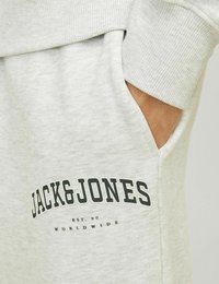 Felpa grigia chiara realizzata in tessuto morbido, con colletto a coste, tasche laterali e un logo stampato in nero con il testo "JACK&JONES EST. 90 WORLDWIDE."