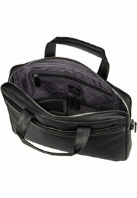 Black leather laptop bag with dual handles, silver zipper, and padded interior. Features an inner zip pocket and organization slots.