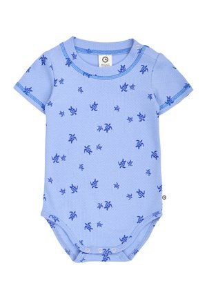 Jasnoniebieski body niemowlęce z krótkimi rękawkami, granatowym wzorem z żółwi oraz zatrzaskami na dole ułatwiającymi zmianę pieluszki.