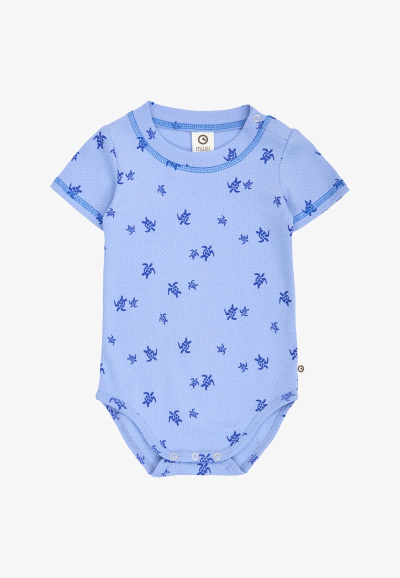 Jasnoniebieski body niemowlęce z krótkimi rękawkami, granatowym wzorem z żółwi oraz zatrzaskami na dole ułatwiającymi zmianę pieluszki.