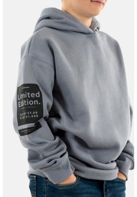Sudadera gris con bolsillo tipo canguro, capucha con cordón y estampado gráfico en la manga izquierda. Fabricada con un tejido suave y texturizado.