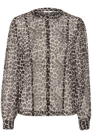 Durchsichtige, leichte Bluse in Creme mit einem schwarzem und grauem Leopardenmuster. Sie hat einen runden Kragen und eine Knopfleiste, mit gerafften Ärmeln.