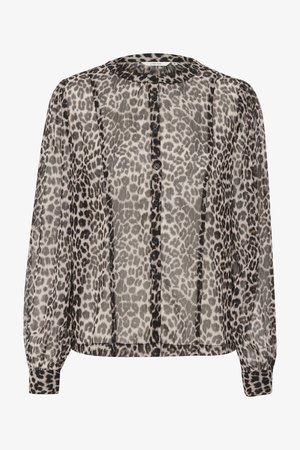 Sheer, lightweight blouse in cream with a black and gray leopard print. Features a round collar and button front, with gathered sleeves.