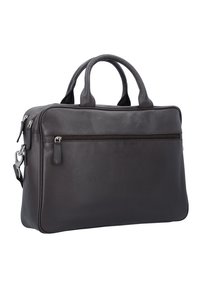 Dark gray leather laptop bag with dual handles, top zipper, front pocket, and detachable shoulder strap. Textured surface.