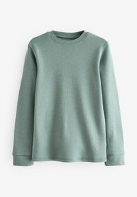 Hellgrünes, geripptes Langarmshirt mit rundem Ausschnitt und lockerer Passform, das mit strukturiertem Stoff und geknöpften Ärmeln ausgestattet ist.