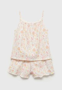 Kvetinový bavlnený pyžamový set pozostávajúci z topu bez rukávov s kvetinovým potlačou v ružovej, žltej a zelenej farbe, doplnený o voľné šortky v rovnakom dizajne.