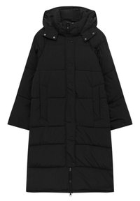 Czarna kurtka puchowa, długa sylwetka, zamek błyskawiczny, duży kaptur, dwie przednie kieszenie, pikowana tekstura, gładki materiał, minimalistyczny design.