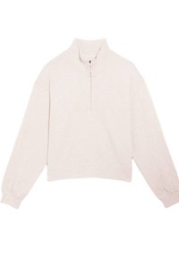 Lichtbeige cropped sweatshirt met een kwart-rits kraag, brede mouwen en een gladde textuur. Bevat een paneelnaadontwerp aan de voorkant.