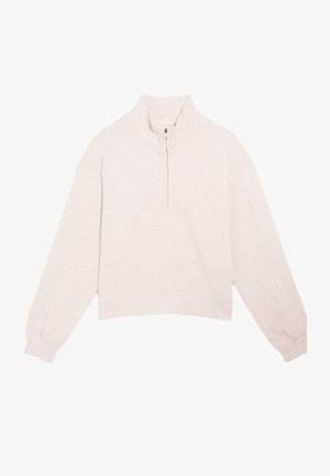 Lichtbeige cropped sweatshirt met een kwart-rits kraag, brede mouwen en een gladde textuur. Bevat een paneelnaadontwerp aan de voorkant.