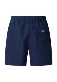 Shorts de bain bleu marine avec taille élastique et une poche arrière unique avec rabat et petite étiquette logo.