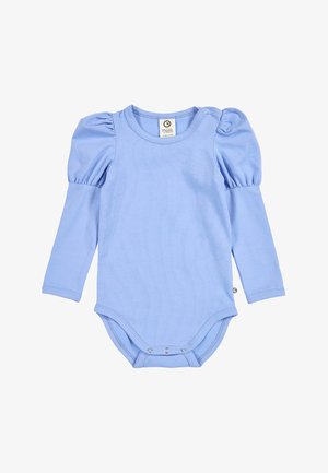 Light blue baby bodysuit with long puffed sleeves, round neckline, and snap buttons at the bottom for easy diaper changes.