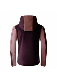 Fleecejacke mit Kapuze, mit einem dunkelvioletten Körper und hellrosa Seitenpaneelen. Weiche Textur, minimalistisches Design und ohne sichtbare Verschlüsse.