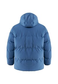 Modrá vycpaná bunda s kapucí, se čtvercovým designem, elastickými manžetami a hladkým povrchem, z pohledu zezadu.