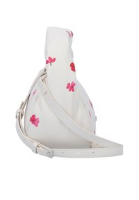 Witte leren tas met roze floral patronen, ronde vorm en een geknoopte bovenkant. Beschikt over een verstelbare schouderband voor veelzijdigheid.