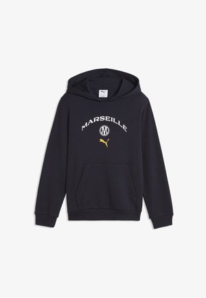 Dunkel marineblaue Kapuzenjacke mit Vordertasche, weißem "MARSEILLE"-Text, rundem Logo und gelbem Puma-Logo auf der Brust.