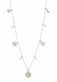 Hõbedast kaelakee mitme ripatsiga, nende seas päike, kuu ja süda, vaheldumisi valgete pärlite ja väikeste helmestega peenel kettal.