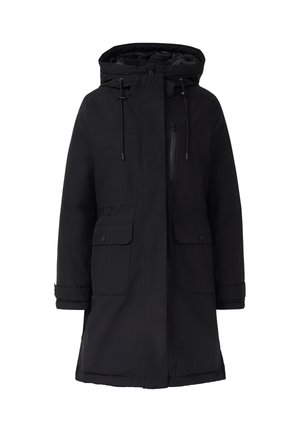Zwarte parka jas met een capuchon, ritssluiting aan de voorkant, twee grote voorzakken, verstelbare trekkoorden en een gladde, waterafstotende stofafwerking.