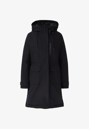 Juodas parka tipo švarkas su kapišonu, užtrauktuko priekis, dvi didelės priekinės kišenės, reguliuojami raišteliai ir lygus, vandeniui atsparus audinio paviršius.