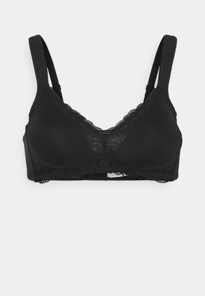 Black wireless bra with lace trim, soft fabric, triangular cups, adjustable straps, and a seamless design.
