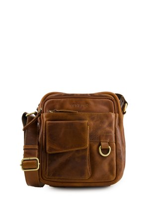 Braune Leder-Crossbody-Tasche mit einer Vordertasche, Reißverschluss, verstellbarem Gurt und goldfarbenen Beschlägen. Texturierte Oberfläche, rechteckige Form.