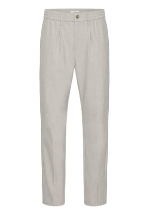 Beiget rennot housut, joissa on joustava vyötärönauha, vyölenkit, edessä nappi, vetoketjusuljenta ja laskokset, valmistettu teksturoidusta kankaasta.