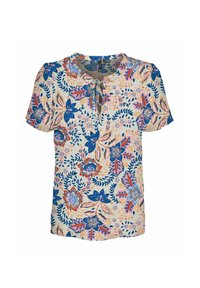 Kurzärmlige Bluse mit Blumenmuster in Creme, die blaue, rosa und grüne botanische Motive zeigt, mit einem runden Ausschnitt und einem Bindeband vorne.