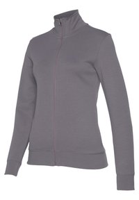 Reißverschlussjacke aus grauem Baumwollmix mit hohem Kragen, langen Ärmeln sowie gerippten Bündchen und Saum. Verfügt über einen Frontreißverschluss.