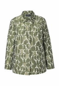 Chaqueta verde y blanca con estampado, cuello tipo solapa, cierre de botones y forma estructurada. Hecha de tela texturizada, con llamativos diseños geométricos.