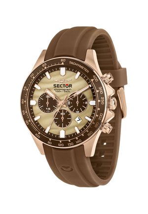 Orologio cronografo con cinturino in gomma marrone, cassa dorata, ghiera tachimetrica, più quadranti, indici bianchi e datario alle quattro.