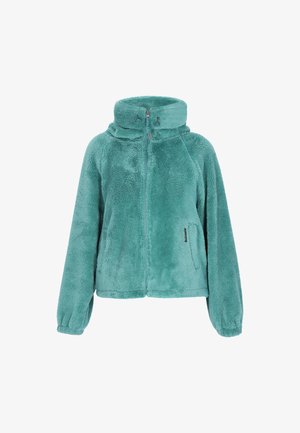Pledziana kurtka z miękkiego polaru w kolorze turkusowym, z wysokim kołnierzem, pełnym zamkiem błyskawicznym oraz prążkowanymi mankietami. Posiada boczne kieszenie i subtelną metkę z logo na dole.