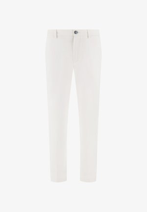 Pantalon blanc ajusté avec passants pour ceinture, fermeture boutonnée à l'avant, et coupe slim.