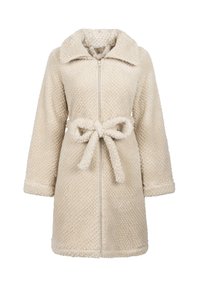 Cremefarbener, flauschiger Fleece-Mantel mit durchgehendem Reißverschluss, breitem Kragen und gebundenem Bund. Lange Ärmel mit einer weichen, strukturierten Oberfläche.