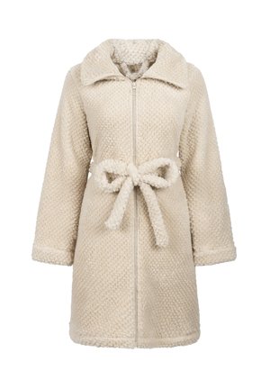 Crème-kleurige, pluche fleece jas met een rits aan de voorkant, een brede kraag en een strik in de taille. Lange mouwen met een zachte, gestructureerde afwerking.