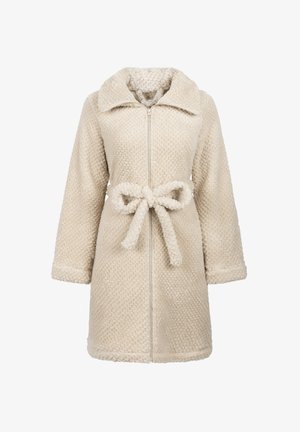 Crème-kleurige, pluche fleece jas met een rits aan de voorkant, een brede kraag en een strik in de taille. Lange mouwen met een zachte, gestructureerde afwerking.