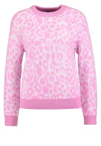 Pull en imprimé léopard rose avec un tricot texturé, un décolleté rond et des poignets et un ourlet côtelés. Design doux et décontracté.