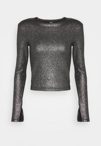Long-sleeve, cropped top in shimmering black material, featuring a round neck and side slits at the hem, emphasizing a fitted silhouette.