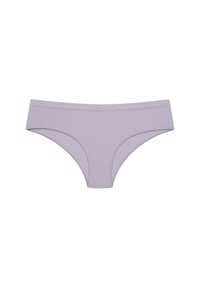 Fioletowe bawełniane majtki o gładkiej fakturze. Posiadają średni wzrost i elastyczny pas z subtelnym logo.