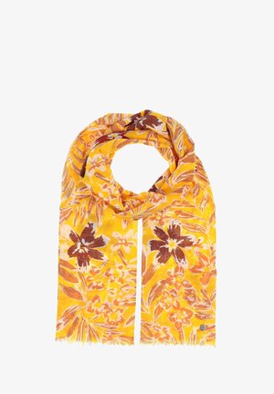 Eșarfă florală galbenă, cu flori imprimate vibrante de nuanțe portocalii și maronii; confecționată dintr-un material ușor, cu margini franjurate.