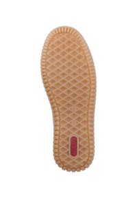 Semelle de chaussure en caoutchouc brun clair avec un motif en losange et un bord texturé. Présente un logo rouge près du talon.