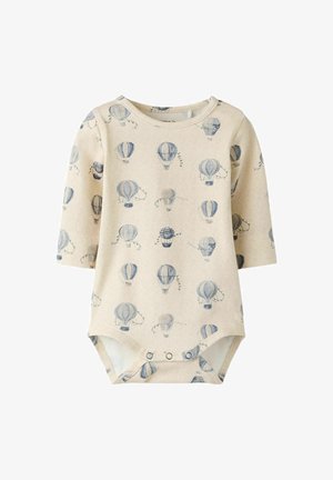 Bodysuit en coton beige pour bébé avec un motif de montgolfières bleues, manches longues, encolure ronde et boutons-pression en bas.