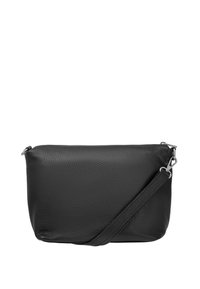 Borsa a tracolla nera in pelle con superficie testurizzata, forma rettangolare e tracolla removibile. Presenta hardware in tonalità argento.