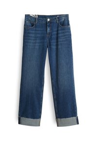 Blauwe denim jeans, rechte pijpdesign, medium wash, met omgeslagen boorden en vijf zakken. Inclusief metalen knoop en ritssluiting.