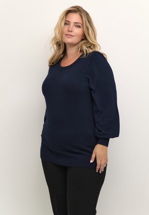 Granatowy sweter z dzianiny z okrągłym dekoltem, bufkami i prążkowanym dołem. Gładka tekstura i dopasowany krój.