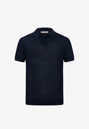 Dunkelblaues Polohemd mit kurzen Ärmeln, aus strukturiertem Stoff und mit einem umgeschlagenen Kragen ohne Knöpfe.