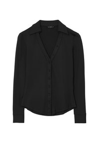 Black long-sleeve shirt with a V-neck, button closure down the front, and a slightly curved hem; made from smooth, lightweight fabric.