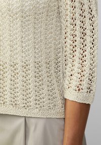 Strickpullover in Creme, mit einem durchsichtigen, offenen Gewebe und dreiviertel Ärmeln. Saum und Ärmel haben einen dekorativen Häkelbesatz.