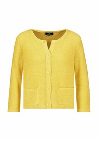 Gul stickad cardigan med rund halsringning, knäppning och två framfickor. Har ett texturerat tyg och ribbade muddarna.