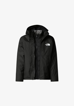 Melnā ūdensizturīgā jaka ar kapuci, rāvējslēdzēju un krūšu kabatu ar zīmola logotipu. Gluda struktūra un brīvs siluets.